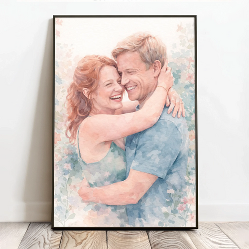 Personligt akvarellposter med familj och par i mjuka pastellfärger, 40x60 cm