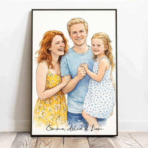 Personligt familjeposter i akvarellstil med familjeporträtt, 40x60 cm