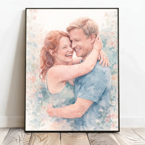Personligt akvarellposter med familj och par i mjuka pastellfärger, 40x60 cm – Motiv 2