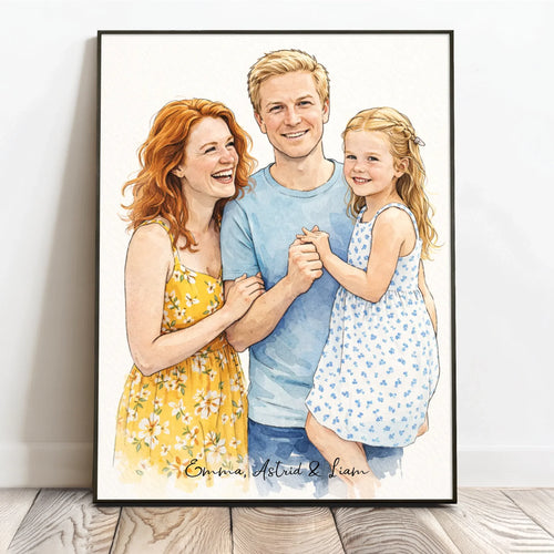 Personligt familjeposter i akvarellstil med familjeporträtt, 40x60 cm – Motiv 2